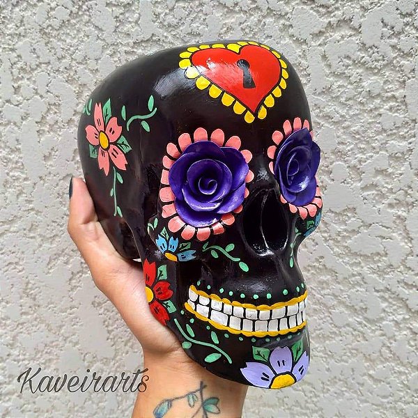Caveira Mexicana Preta com Flor Roxa - Grande