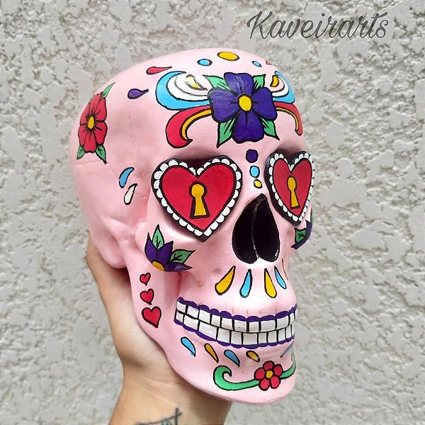 Caveira Mexicana Rosa com olhos de Coração - Grande