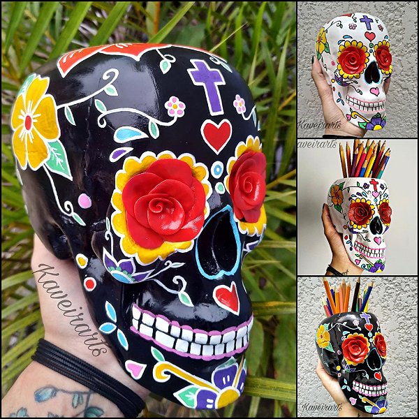 Caveira Mexicana Com Rosas Vermelhas - Grande - Fechada e Porta Treco