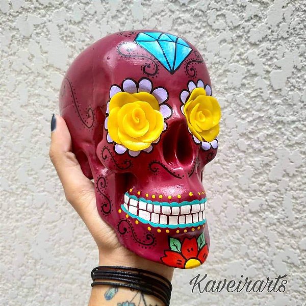 Caveira Mexicana Vinho Com Diamante - Grande