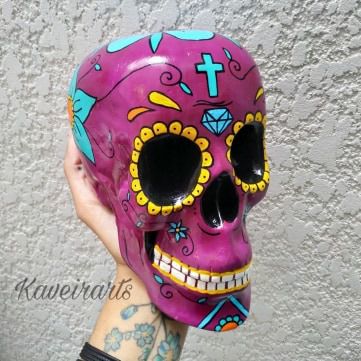 Caveira Mexicana Magenta com Cruz - Grande