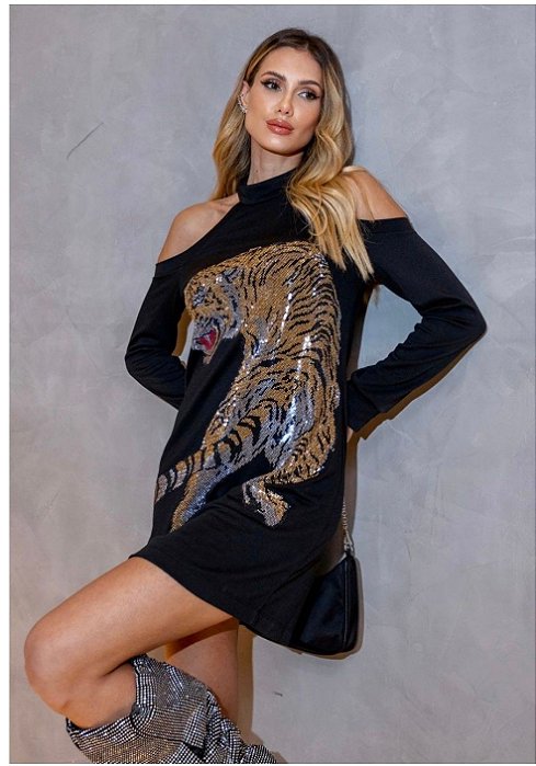Vestido Preto Onça Bordado