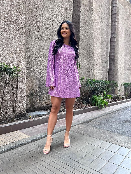Vestido Curto Manga Longa Paetê.