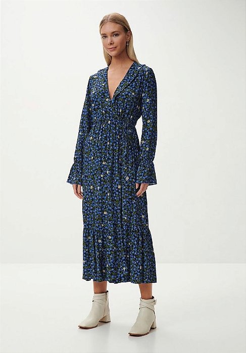 Vestido Manga Longa Estampado Azul