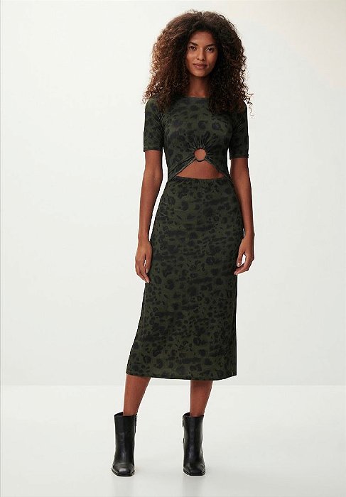 Vestido Midi Estampado com Cut e Detalhe Argola Verde