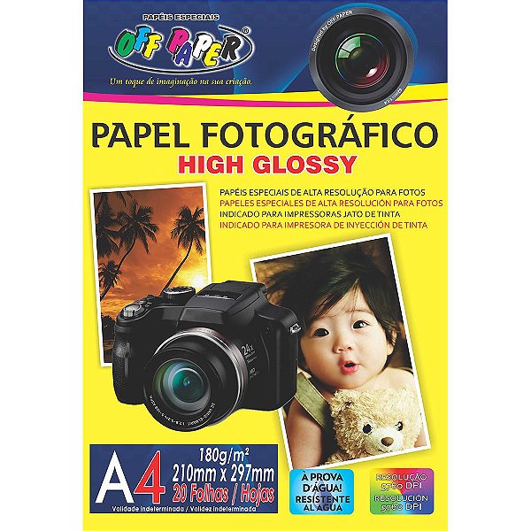 Papel Fotográfico High Glossy A4 180g, pacote 20 fls.