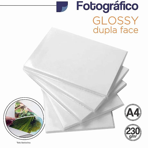 Papel Fotográfico Dupla Face Glossy A4 - Jato de Tinta, 230g/m2,  pacote 20fls.