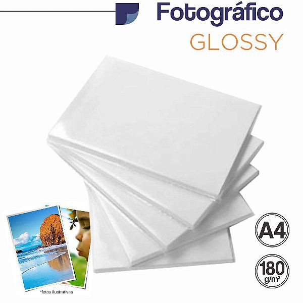Papel Fotográfico Glossy A4 - Jato de Tinta, 180g/m2,  pacote 20fls.