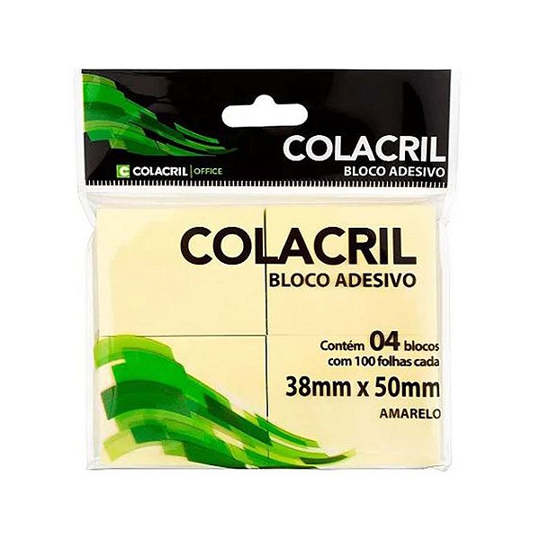 Colacril Bloco Adesivo Reposicionável 38x50mm Amarelo 4pcs 100 fls