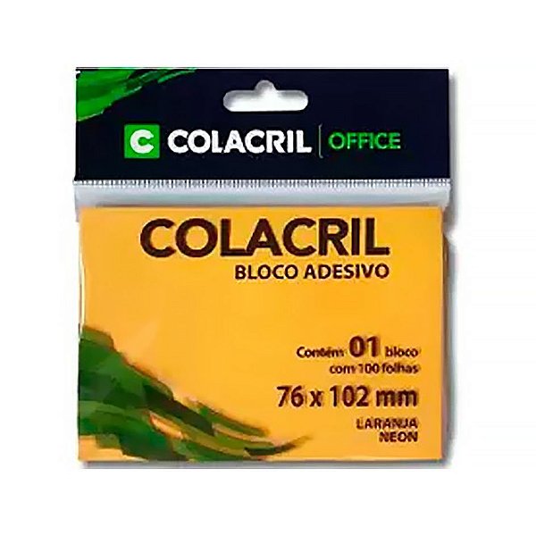 Colacril Bloco Adesivo Reposicionável Laranja Neon 76x102mm 100 fls