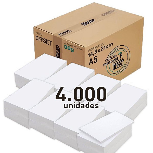 Papel Offset 90g/m2, 14,8x21cm, com 4000 unidades.