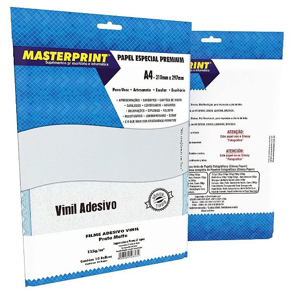 FILME ADESIVO VINIL PRATA MATTE 135G/M² A4 - 10 FOLHAS MP