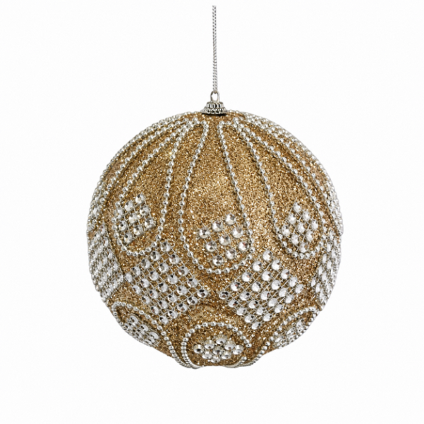Bola de Natal 15cm Dourada com Aplicações de Strass Prata