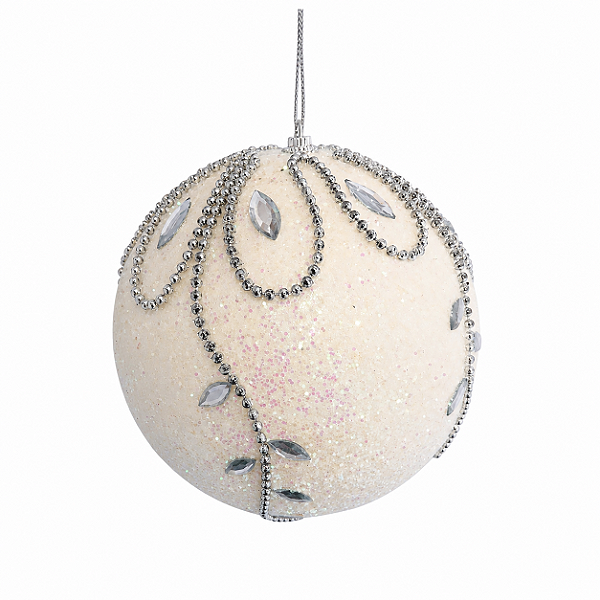 Bola de Natal 15cm Branca com Glitter Furtacor Pedras Sintética e Cordões Prata
