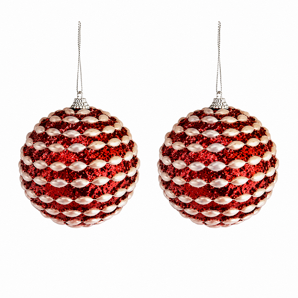 Jogo Com 2 Bolas de Natal 12cm Vermelhas Com Aplicações De Peças Peroladas