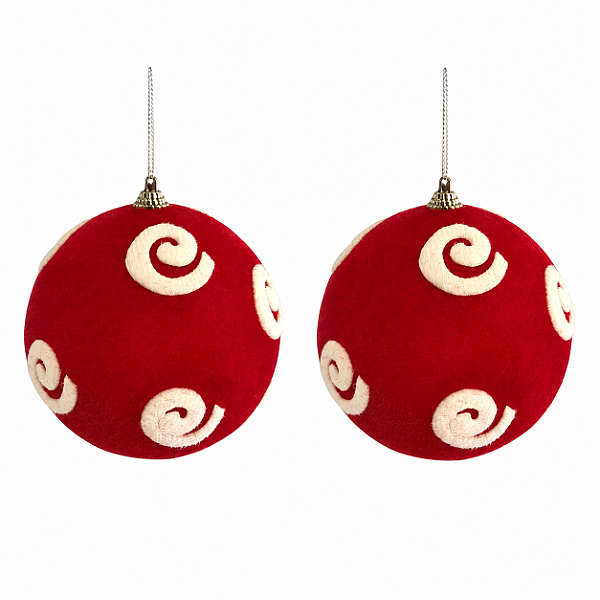 Jogo 2 Bolas de Natal 12cm Acamurçadas Vermelho com Relevo Espiral Branco