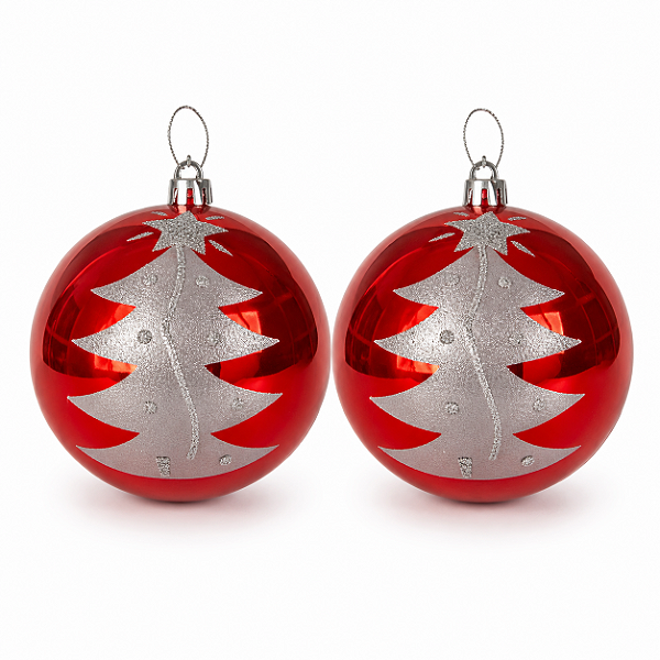 Jogo Com 2 Bolas de Natal 10cm Vermelhas Com Decoração Prata