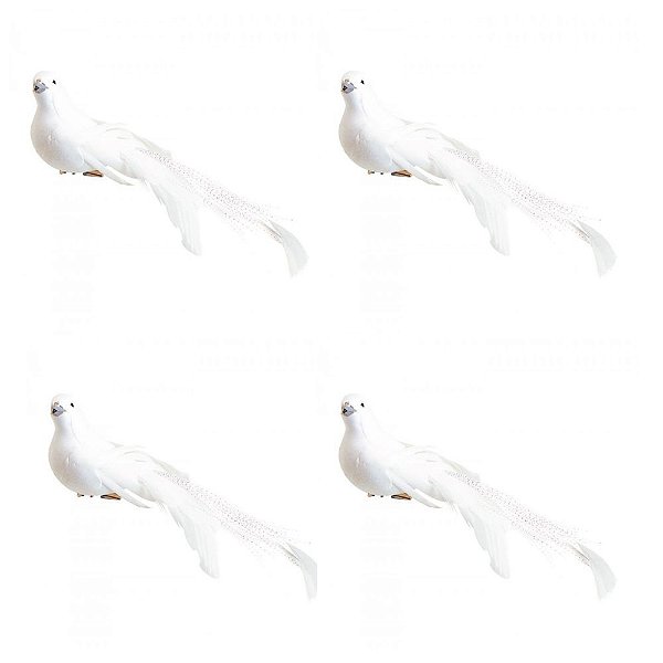 Decoração Natalina Conjunto 4 Pombas Brancas Plumas 17cm