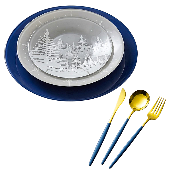 Kit Aparelho de Jantar Composé com Talheres Slim 36 Peças Dourado e Azul
