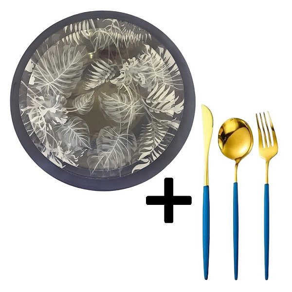 Aparelho de Jantar Composee 36 Peças Opaline Azul + Faqueiro Aço Inox Dourado/Azul Slim Pvd.