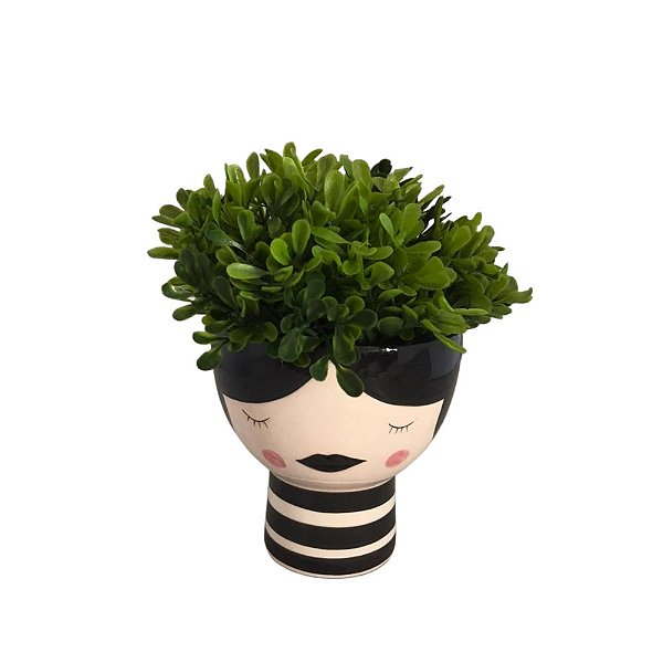 Vaso Cachepot Faces Porcelana c/ Buxinho 17cm