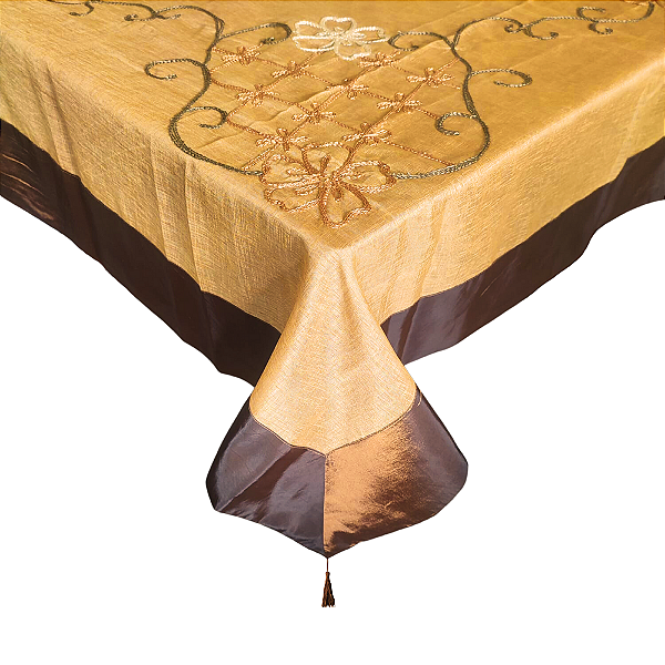 Toalha de Mesa Bordada Bege e Marrom 352x272cm Palha de Seda e Poliéster