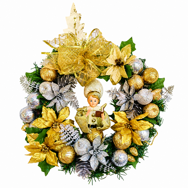 Guirlanda Natalina Menino Cantor 35cm Bolas Flores Saldão