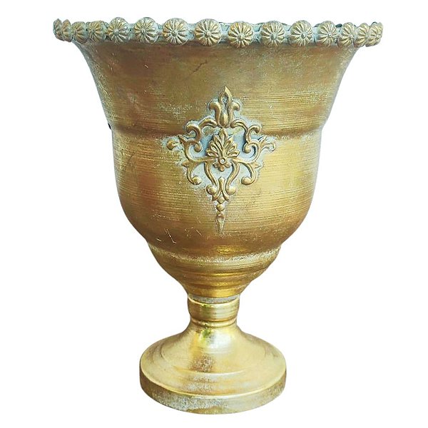 Vaso Vintage Decorativo de Metal Patina Dourada 28cm x 23cm Saldão