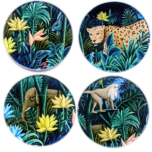 Porta Copos Jogo Com 4 Peças De Vidro Ø10cm Cada Modelo Amazônia.