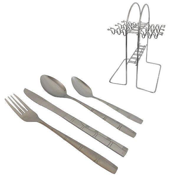 Faqueiro 24 Peças Aço Inox Cabo Modelo Bambu com Suporte