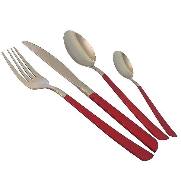 Faqueiro 16 Peças Bicolor Aço Inox Prata Cabo Slim Vermelho