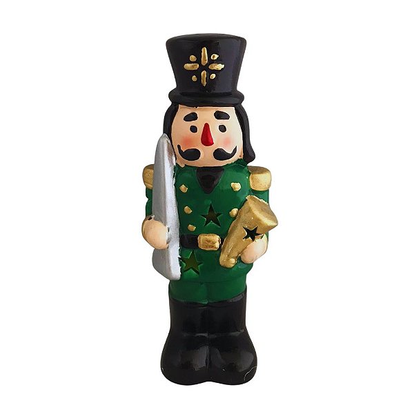 Boneco Soldado Quebra Nozes Enfeite Natalino De Cerâmica 20,5cm Com 1 Luz Led