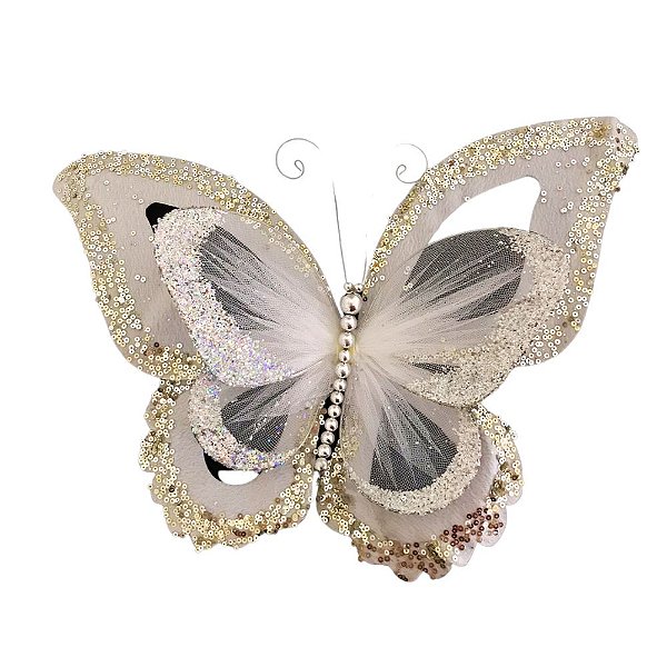 Decoração Natalina Borboleta 36cm Prata Tule/Paetês