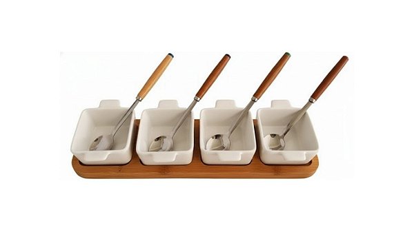 Petisqueira Tabua de Madeira com 4 Potes p/Molhos/Colheres