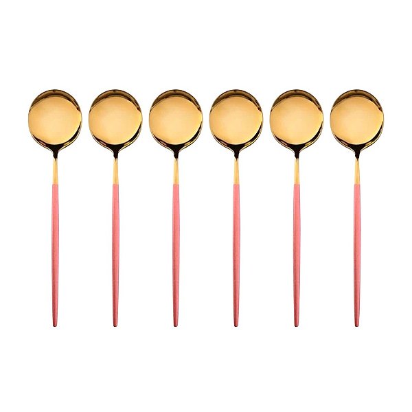 Jogo 6 Colheres de Sobremesa Slim Bicolor Inox Dourado 18,5cm Cabo Rosa