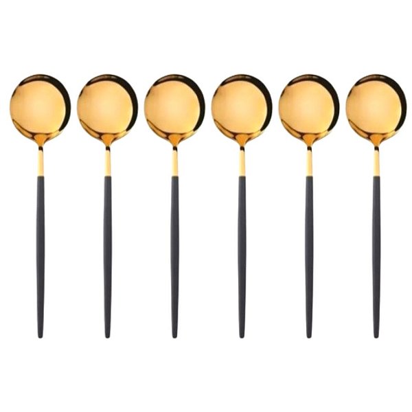 Jogo 6 Colheres de Sobremesa Slim Inox Dourado Cabo Preto 18,5cm