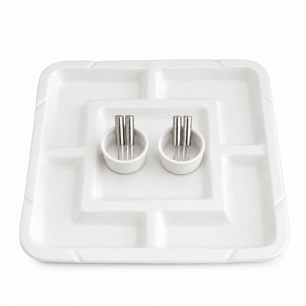 Jogo Petisqueira com Mini Bowls e Espetos para Petiscos em Porcelana e Aço Inox 7 Peças Saldão