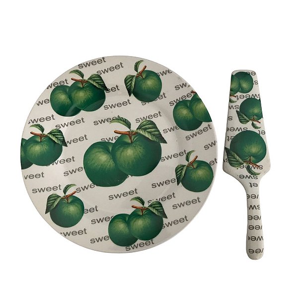Prato Com Espatula Para Servir Bolo - Porcelana Maça Verde.