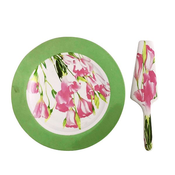 Prato Com Espatula Para Servir Bolo - Porcelana Floral