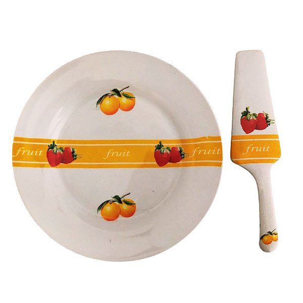 Prato Com Espatula p/ Servir Bolo - Porcelana Frutas Laranjas e Morangos