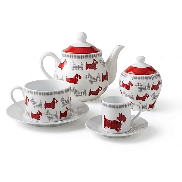 Jogo Para Chá e Café com Bule e Açucareiro 26 Peças Porcelana Estampa Dogs