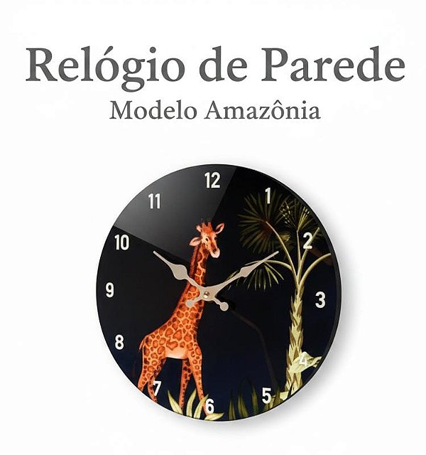 Relógio de Parede em Vidro Fundo Preto Ø29cm Animal - Girafa