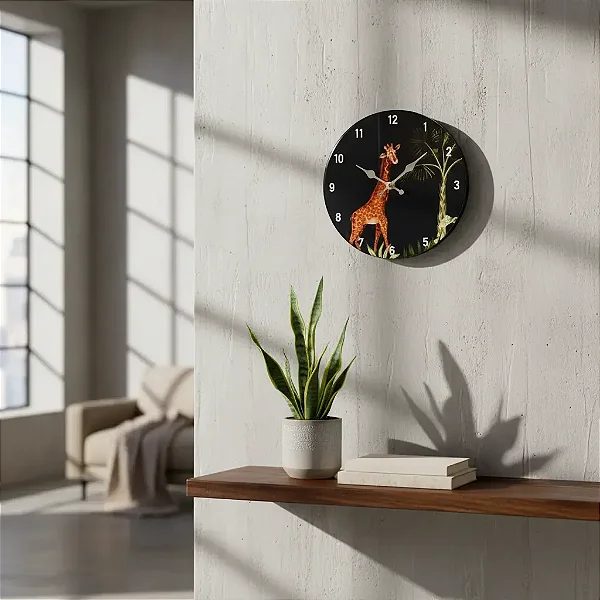 Relógio de Parede Vidro Fundo Preto 29cm Animal Girafa