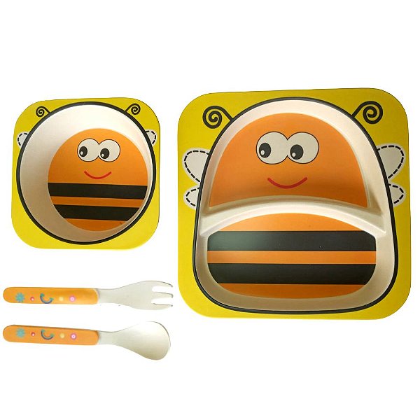KIT ALIMENTAÇÃO INFANTIL  ABELHINHA COM 4 PEÇAS FIBRA DE BAMBU.