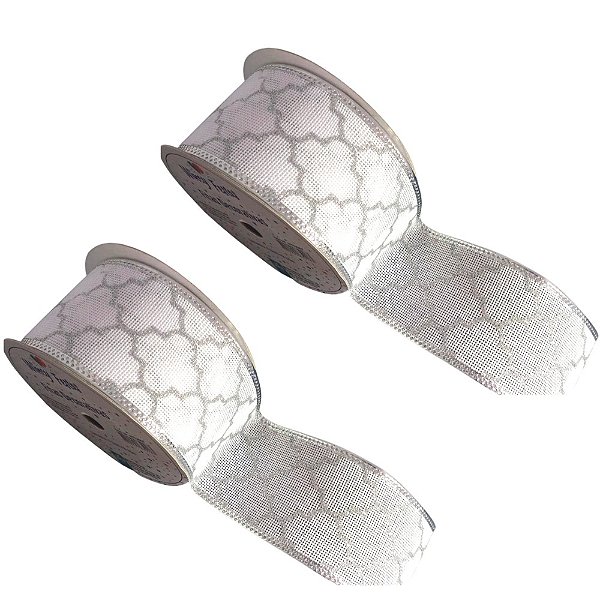 Jogo 2 Rolos De Fita Brancas com Detalhes Prata Natal / Eventos 9,15mx6,3cm Bordas Aramadas Saldão