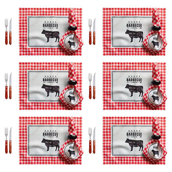 Kit Mesa Posta Barbecue com 30 Peças Lugares Americano Guardanapos e Talheres