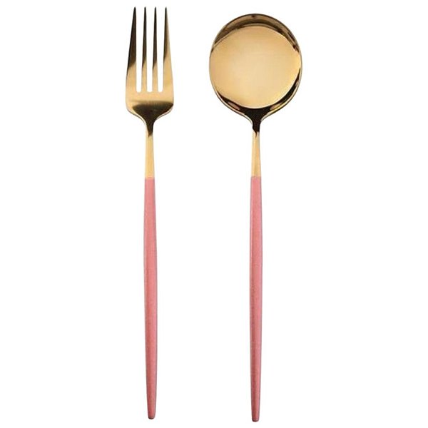 Jogo de Talheres 12 Peças Garfo/Colher de Mesa Slim Aço Inox Bicolor Rosa