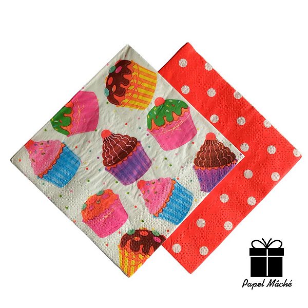 JOGO/KIT 40 GUARDANAPOS DE PAPEL 33X33CM -CUP CAKES/POÁ VERMELHO