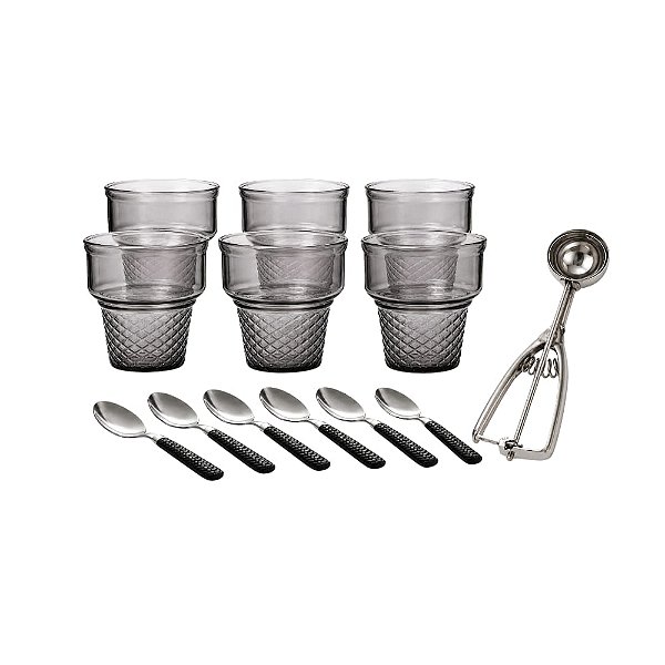 Jogo Com 13 Peças Para Servir Sobremesas Vidro e Aço Inox