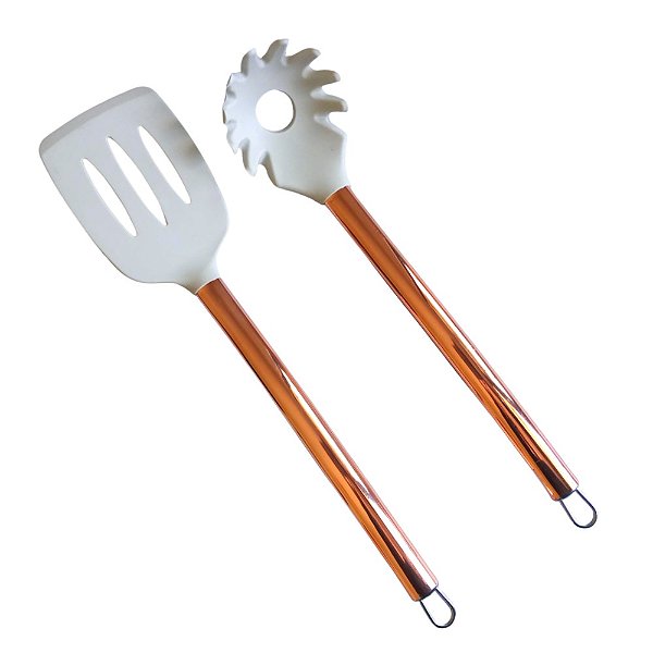 Kit Utensílios de Cozinha Aço Inox Rose Gold / Silicone Cinza 2 Peças